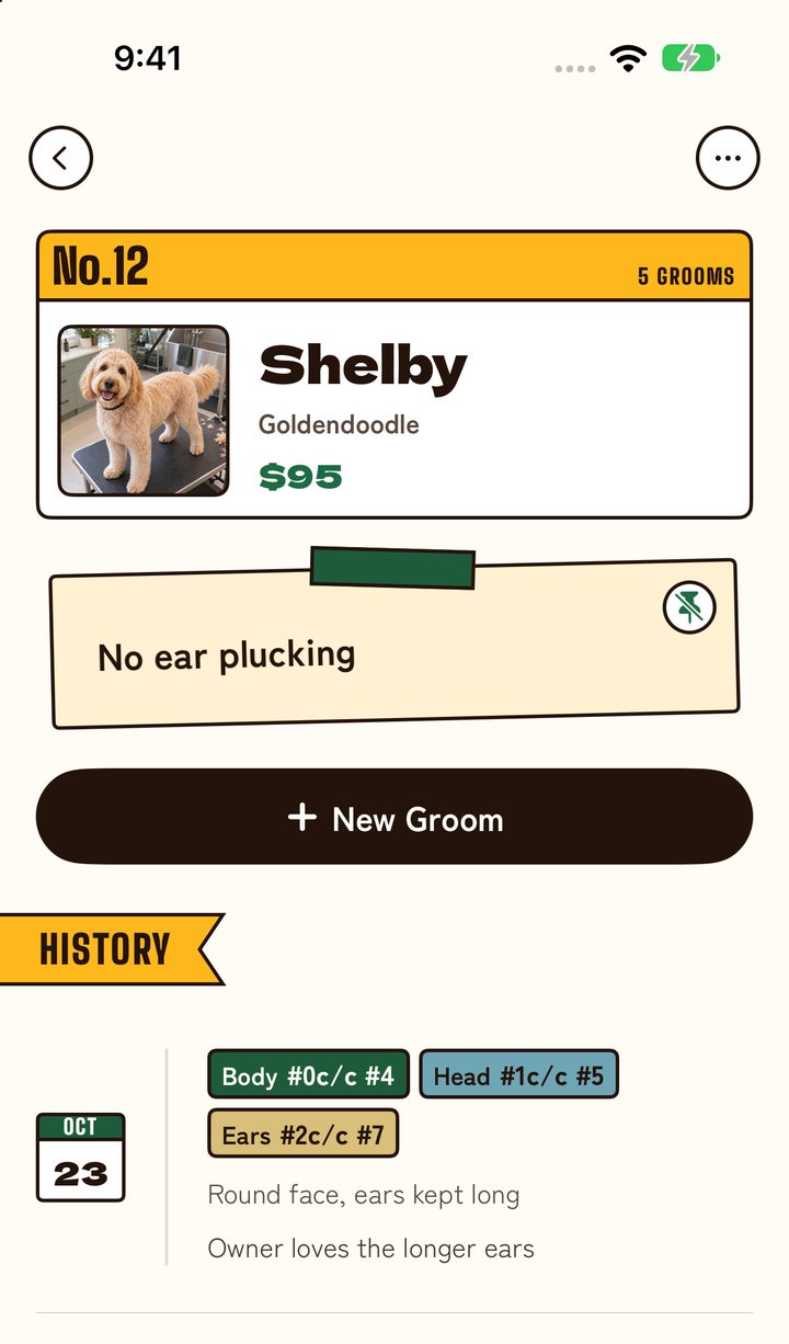 Shelby’s page in the Forest theme: No.12, her photo and $95, the note “No ear plucking”, a New Groom button, and her history