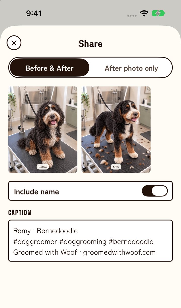 The Share screen: Remy’s before and after photos side by side, an Include name switch, and the caption